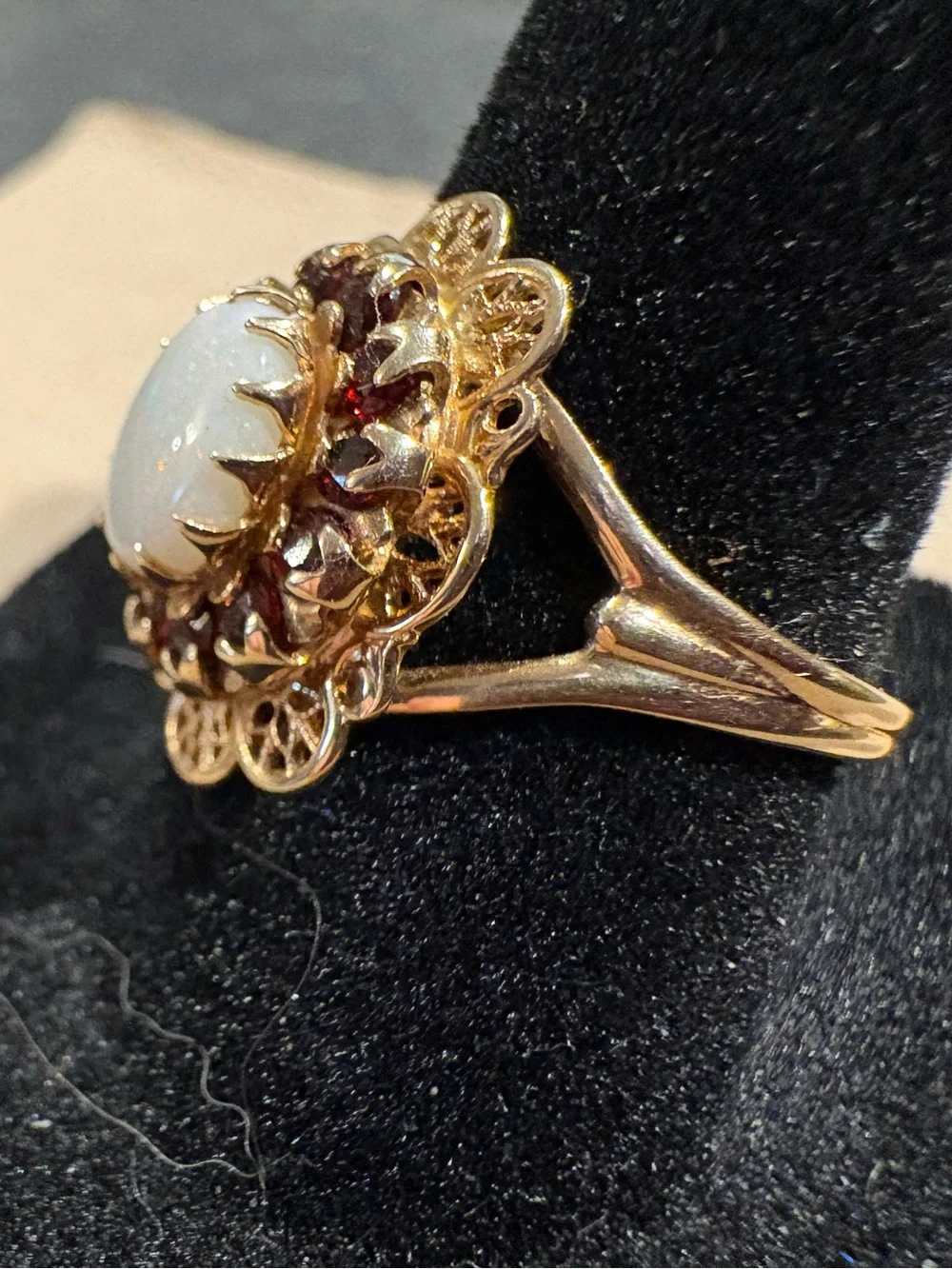 Vintage Filigree Opal and Garnet Ring in 10k Gold